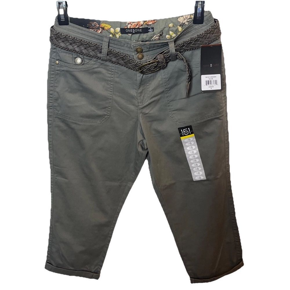 One 5 One Women's Olive 5 Pocket Cropped Pants Braided Belt Cuffed Size 8 New